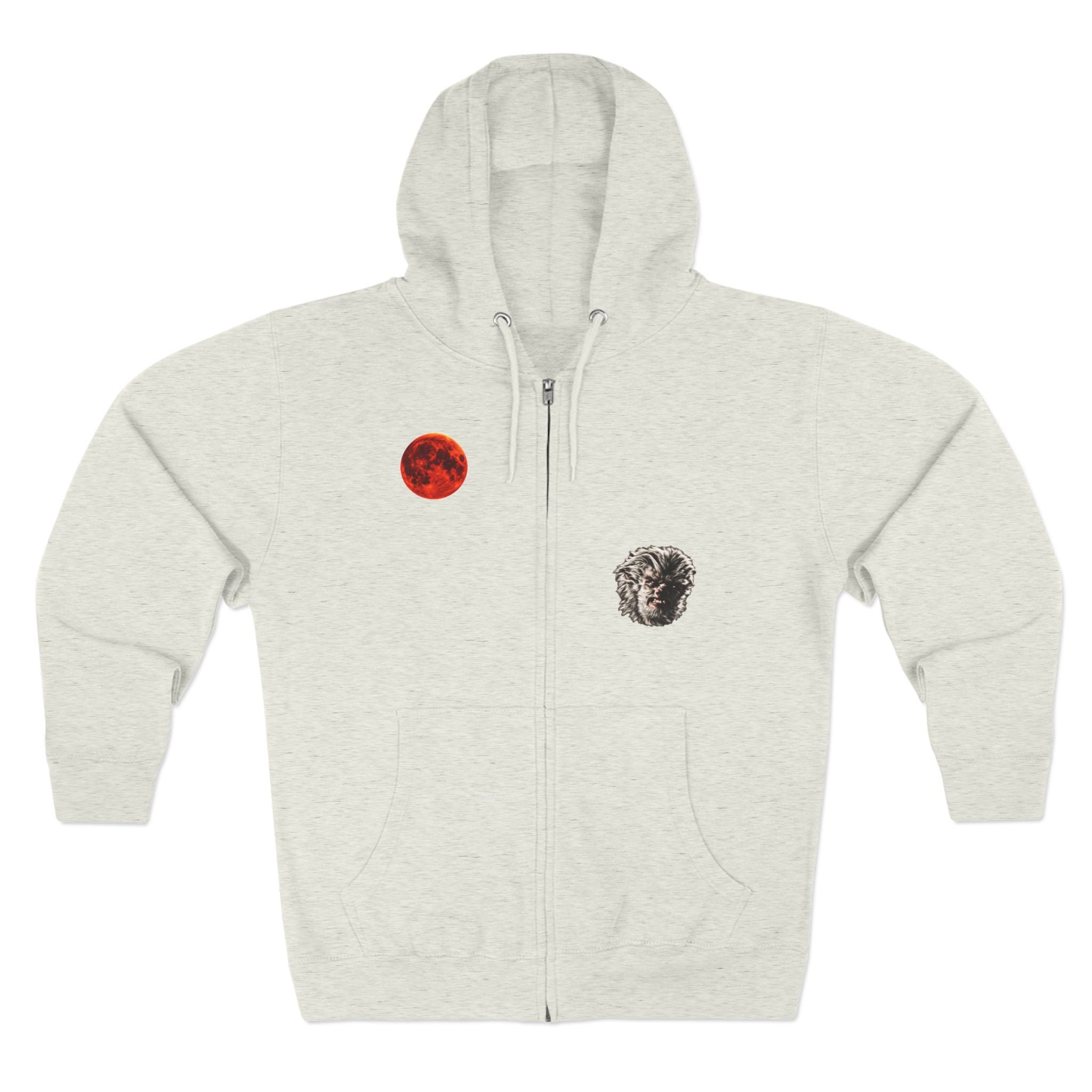 Halloween - Midnight Moon and Werewolf - Zip Hoodie — Retro Red Moon & Wolf Graphic Zip-Up