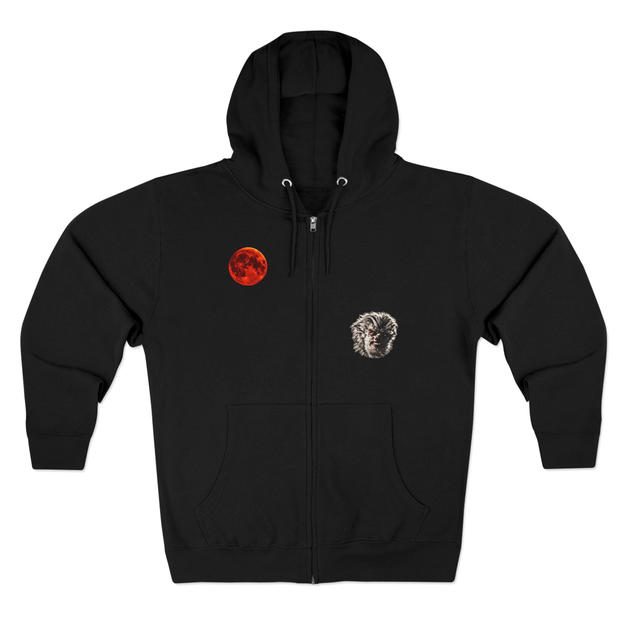 Halloween - Midnight Moon and Werewolf - Zip Hoodie — Retro Red Moon & Wolf Graphic Zip-Up