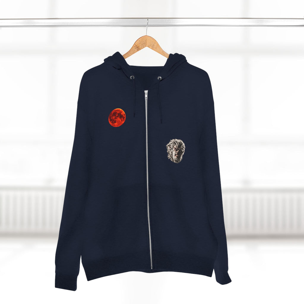 Halloween - Midnight Moon and Werewolf - Zip Hoodie — Retro Red Moon & Wolf Graphic Zip-Up