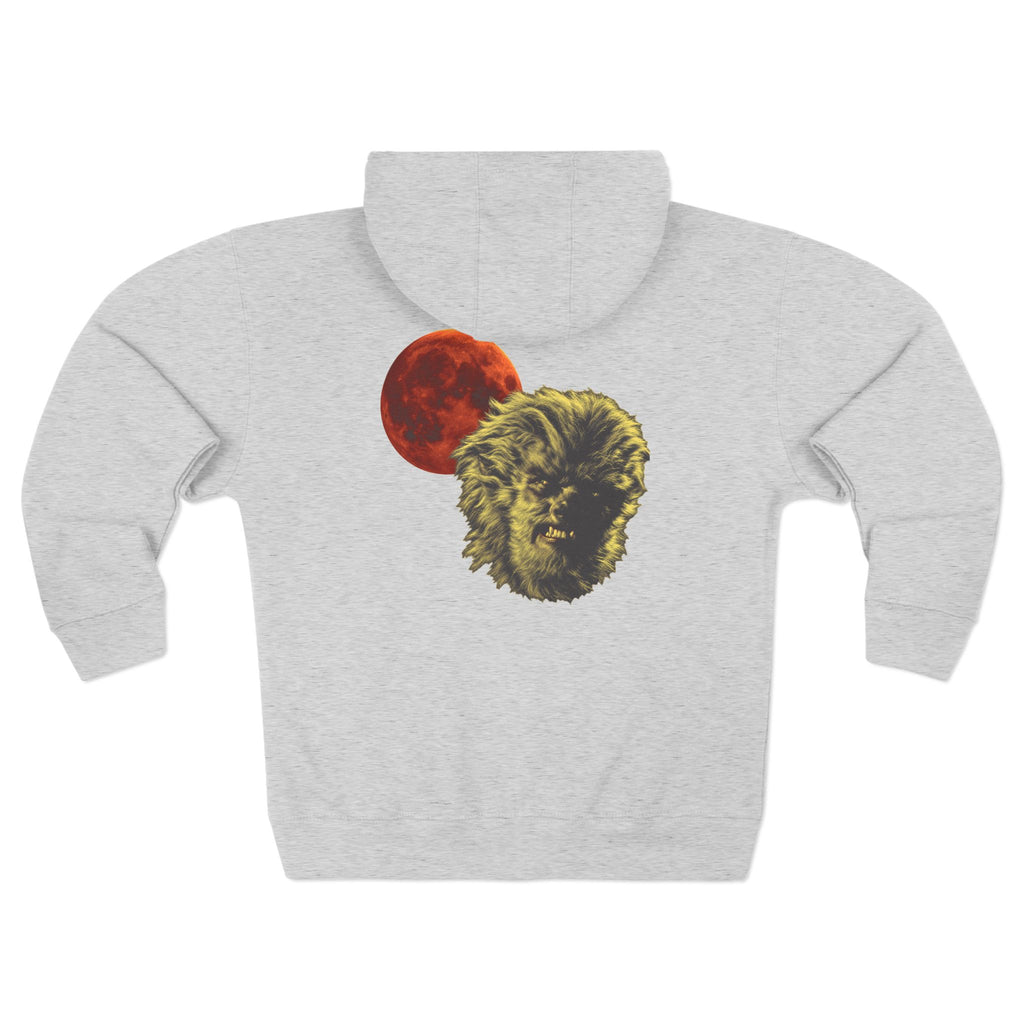 Halloween - Midnight Moon and Werewolf - Zip Hoodie — Retro Red Moon & Wolf Graphic Zip-Up