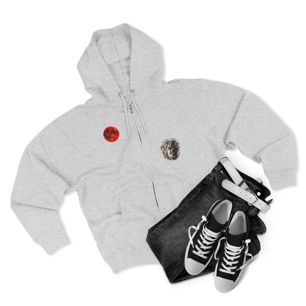 Halloween - Midnight Moon and Werewolf - Zip Hoodie — Retro Red Moon & Wolf Graphic Zip-Up