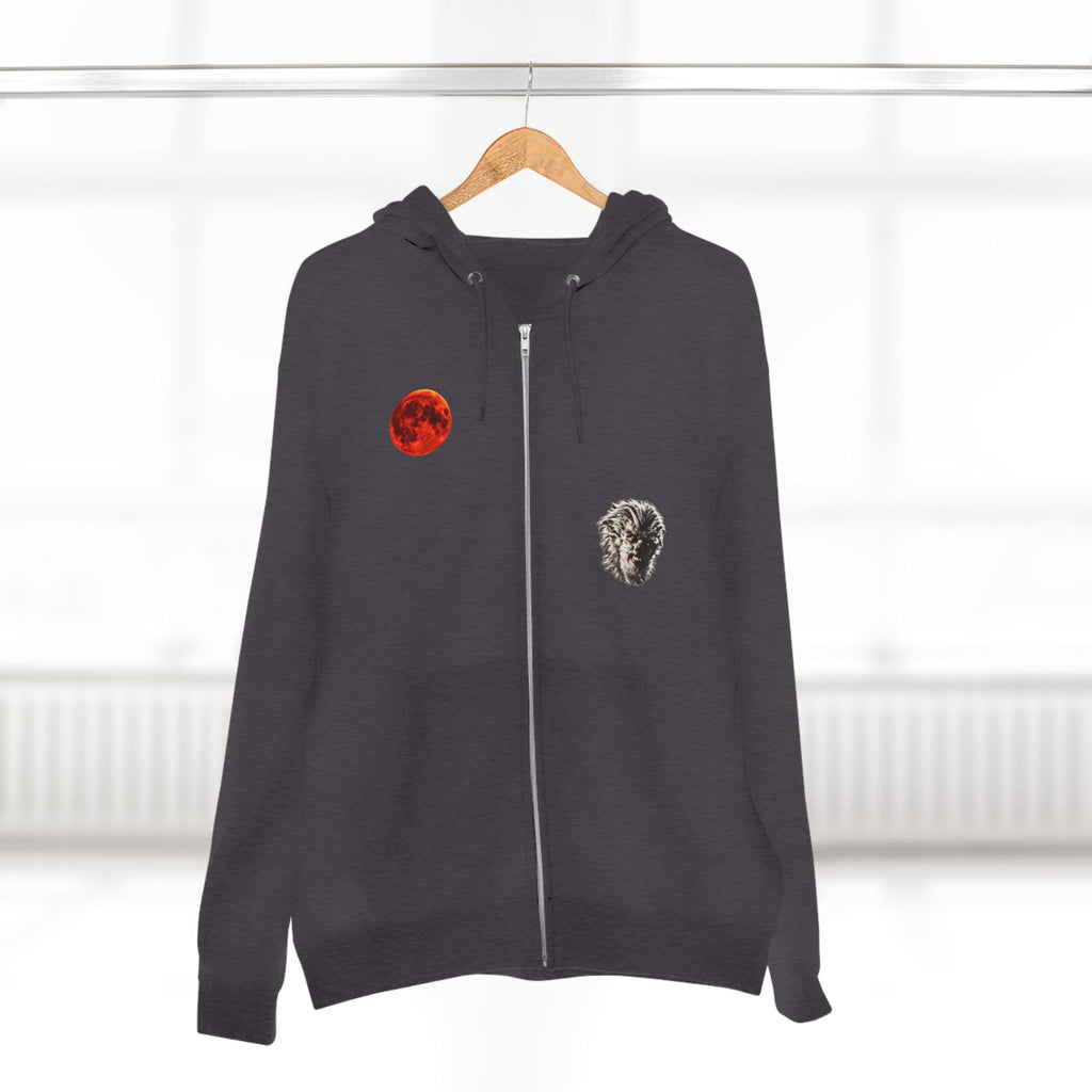 Halloween - Midnight Moon and Werewolf - Zip Hoodie — Retro Red Moon & Wolf Graphic Zip-Up