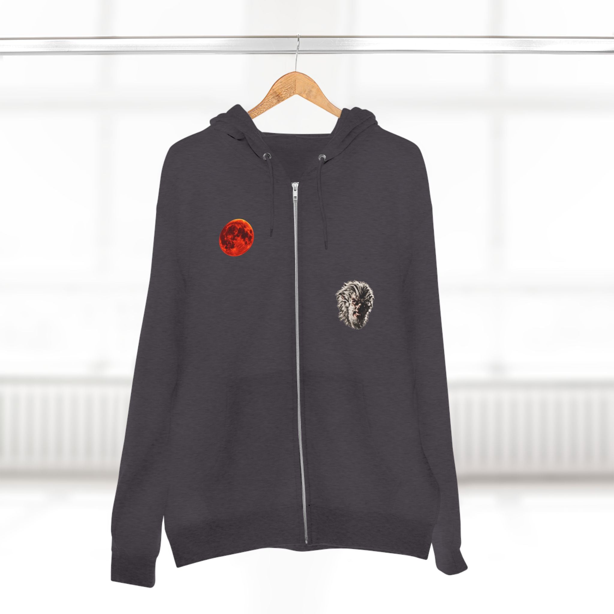 Halloween - Midnight Moon and Werewolf - Zip Hoodie — Retro Red Moon & Wolf Graphic Zip-Up