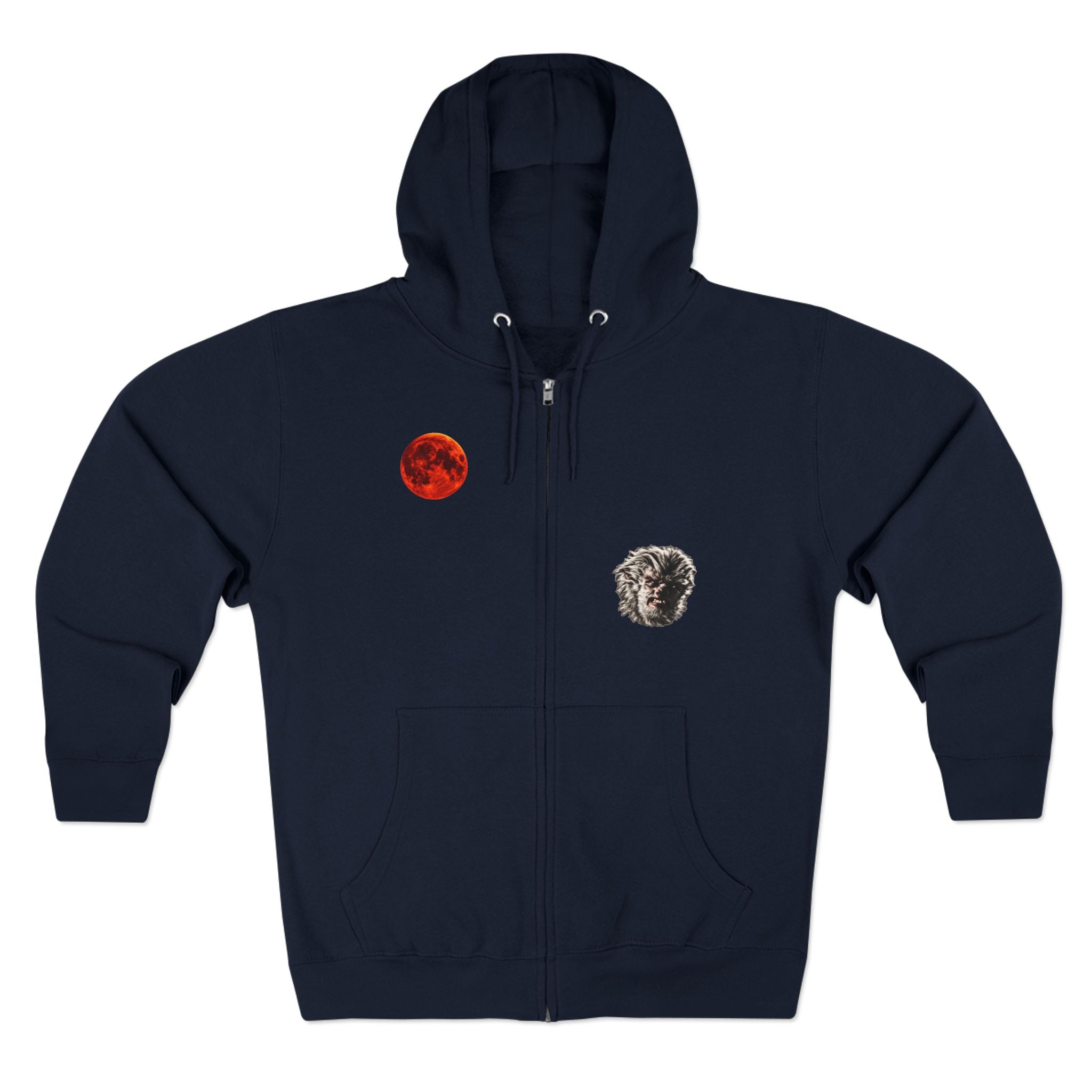 Halloween - Midnight Moon and Werewolf - Zip Hoodie — Retro Red Moon & Wolf Graphic Zip-Up