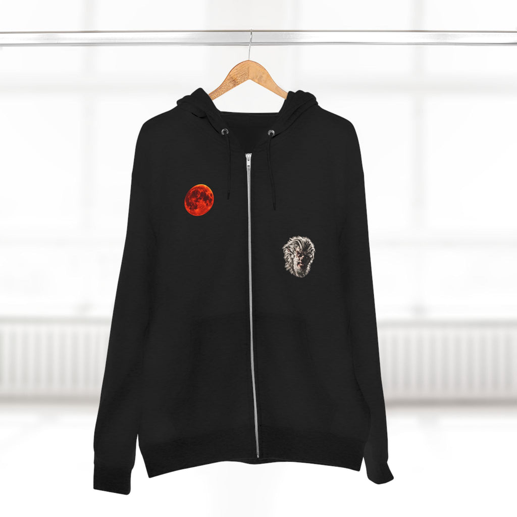 Halloween - Midnight Moon and Werewolf - Zip Hoodie — Retro Red Moon & Wolf Graphic Zip-Up