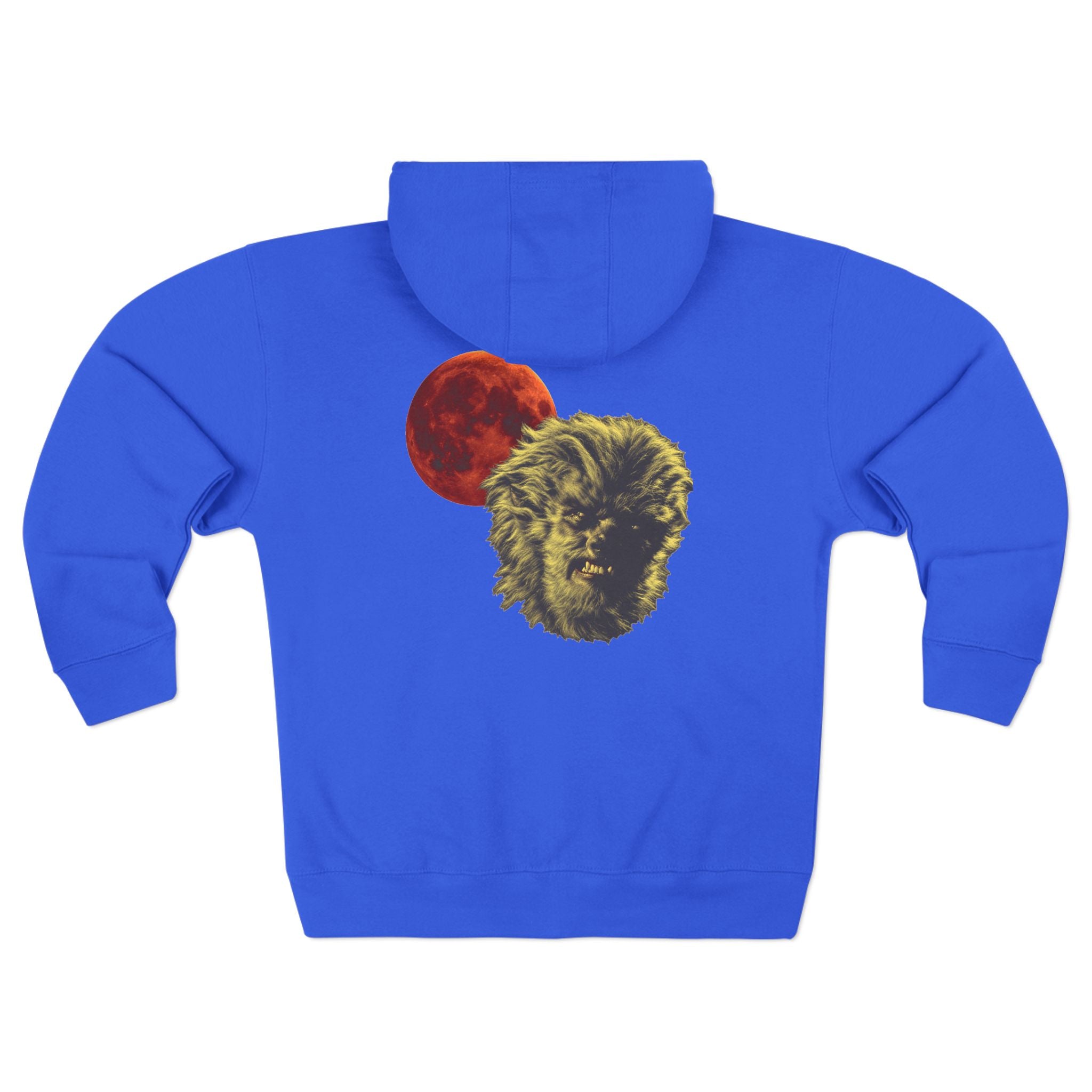 Halloween - Midnight Moon and Werewolf - Zip Hoodie — Retro Red Moon & Wolf Graphic Zip-Up