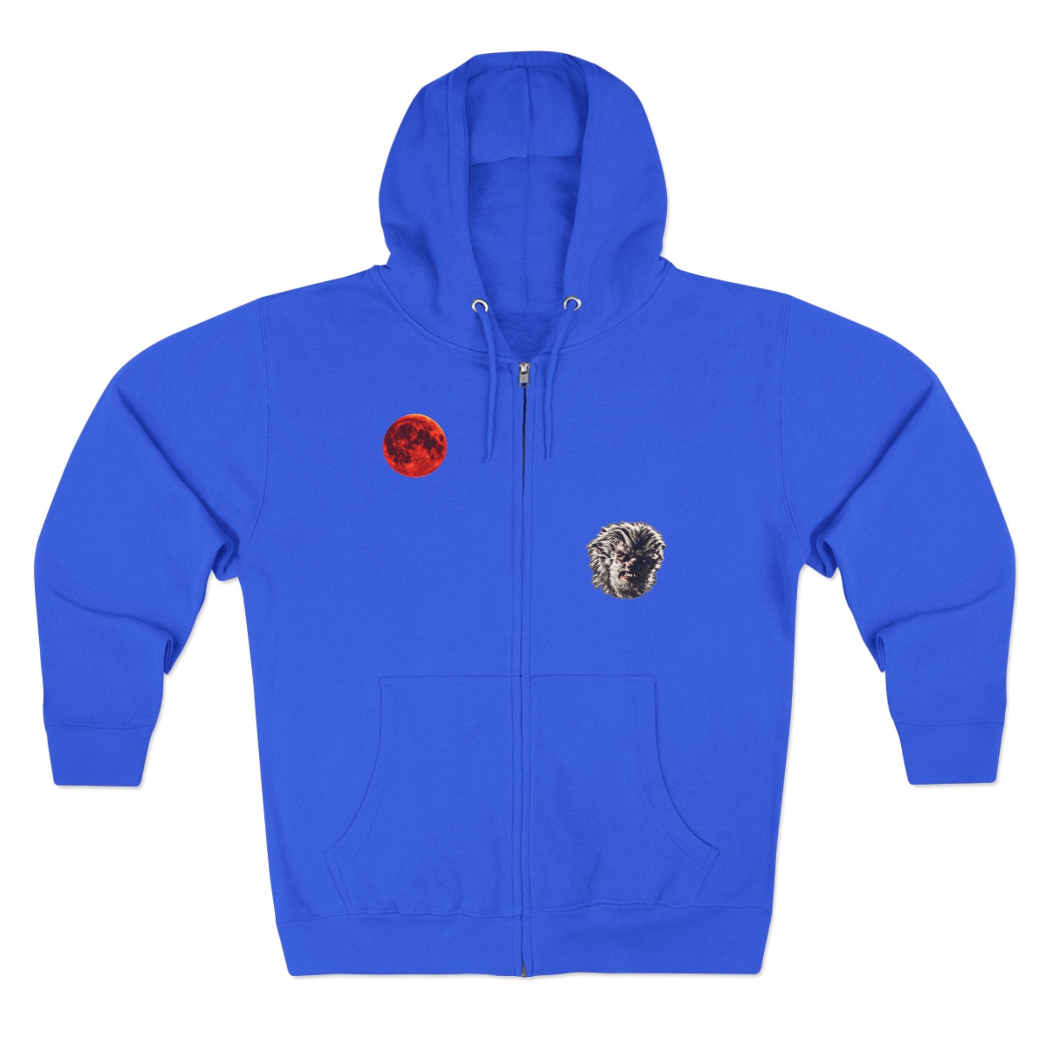 Halloween - Midnight Moon and Werewolf - Zip Hoodie — Retro Red Moon & Wolf Graphic Zip-Up