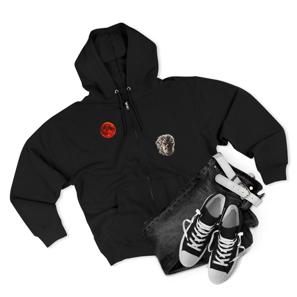 Halloween - Midnight Moon and Werewolf - Zip Hoodie — Retro Red Moon & Wolf Graphic Zip-Up