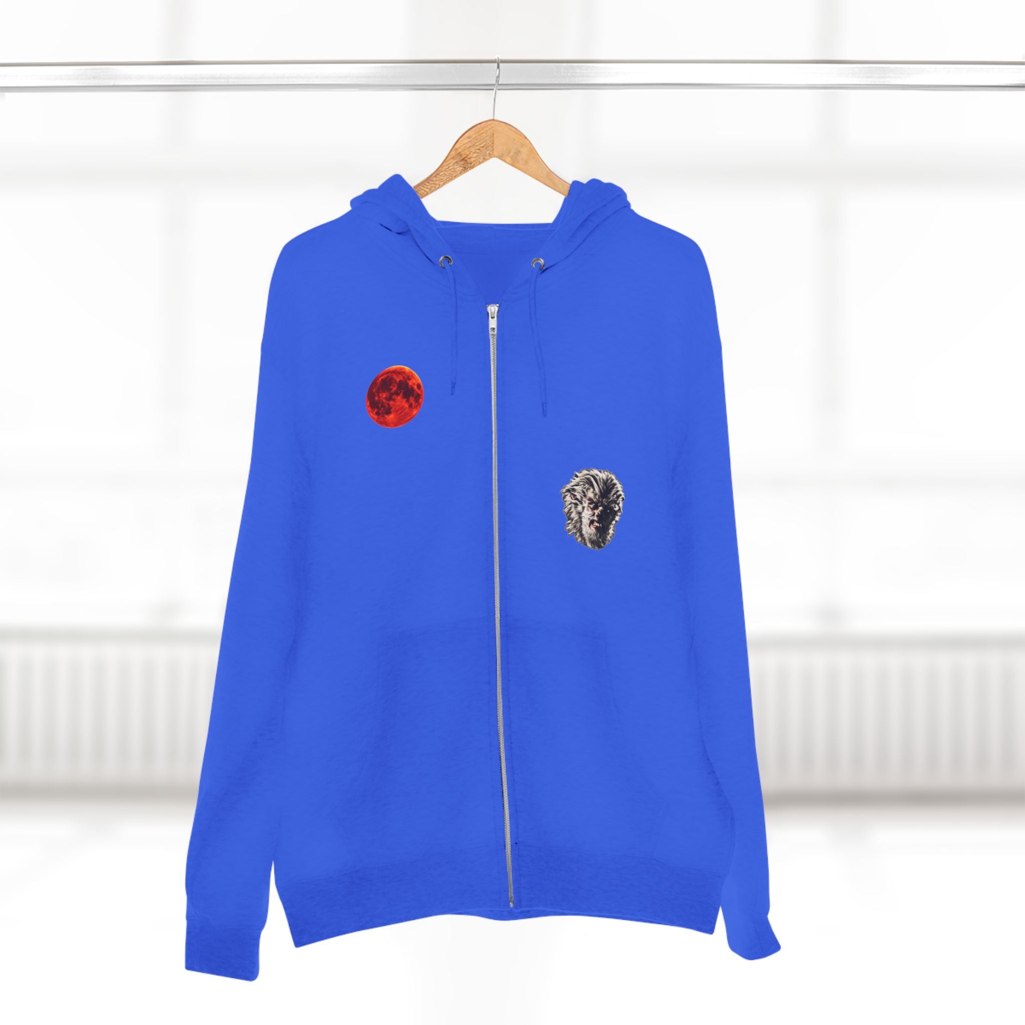 Halloween - Midnight Moon and Werewolf - Zip Hoodie — Retro Red Moon & Wolf Graphic Zip-Up