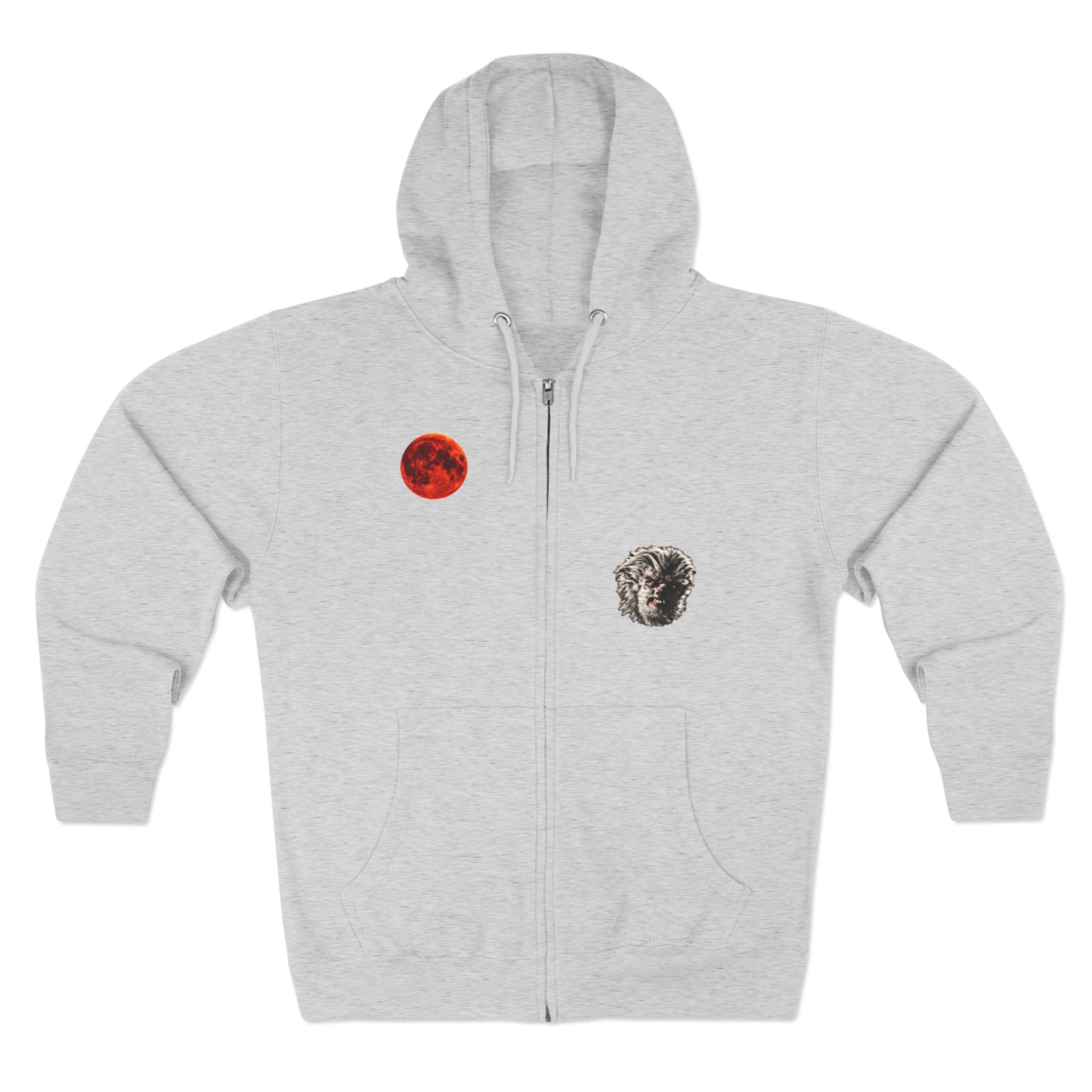 Halloween - Midnight Moon and Werewolf - Zip Hoodie — Retro Red Moon & Wolf Graphic Zip-Up