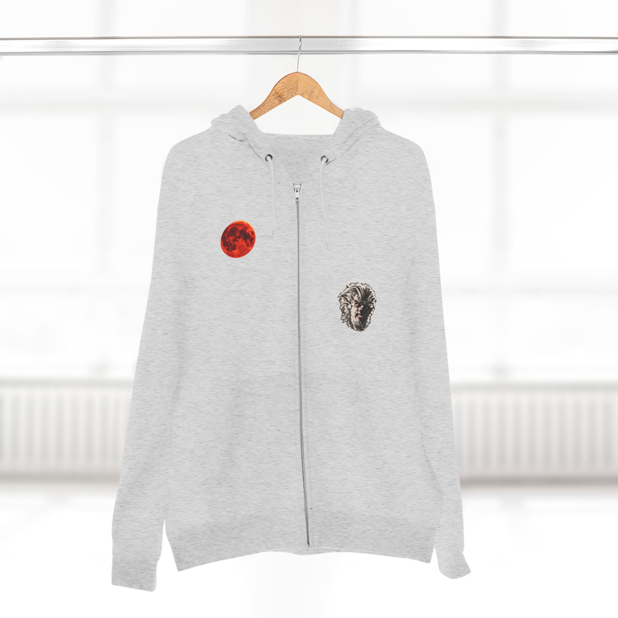 Halloween - Midnight Moon and Werewolf - Zip Hoodie — Retro Red Moon & Wolf Graphic Zip-Up