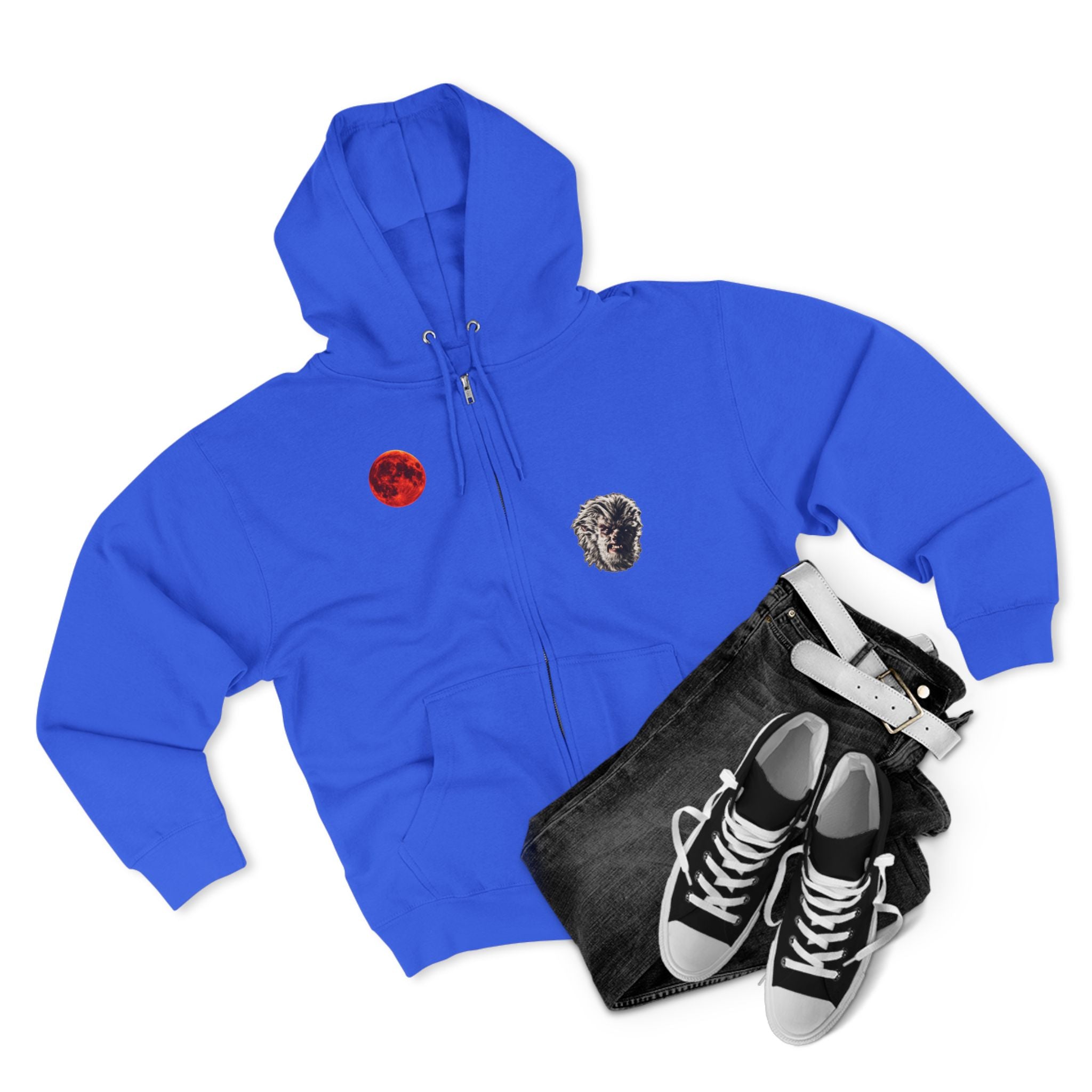 Halloween - Midnight Moon and Werewolf - Zip Hoodie — Retro Red Moon & Wolf Graphic Zip-Up