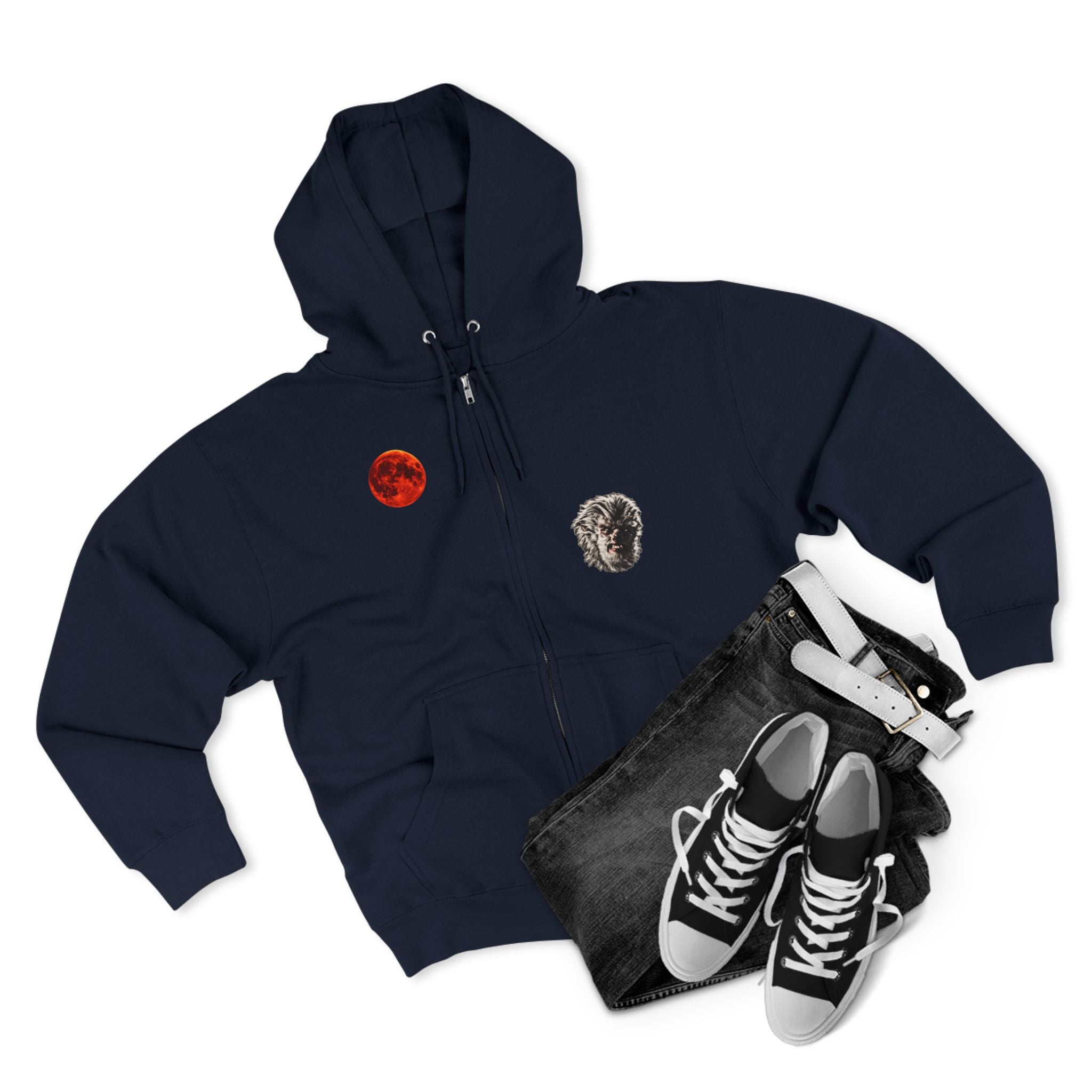 Halloween - Midnight Moon and Werewolf - Zip Hoodie — Retro Red Moon & Wolf Graphic Zip-Up
