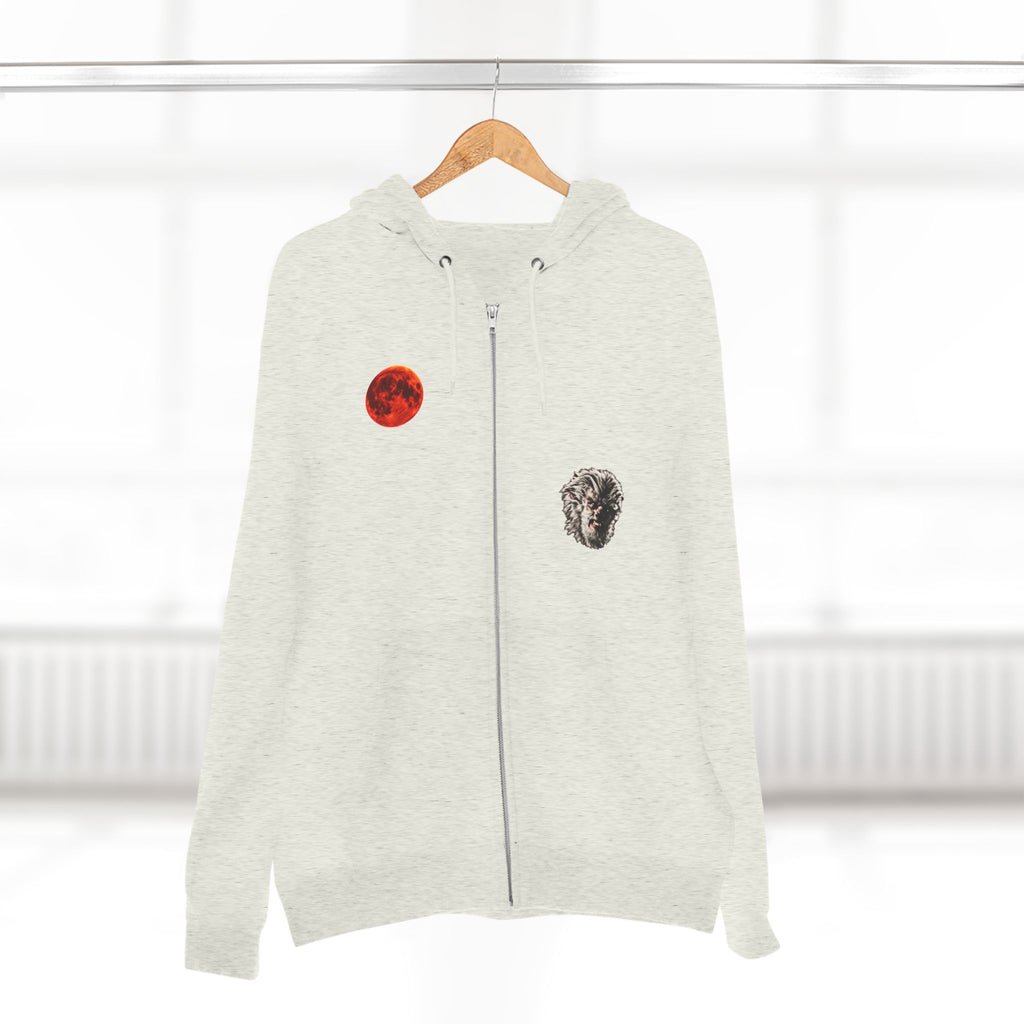 Halloween - Midnight Moon and Werewolf - Zip Hoodie — Retro Red Moon & Wolf Graphic Zip-Up