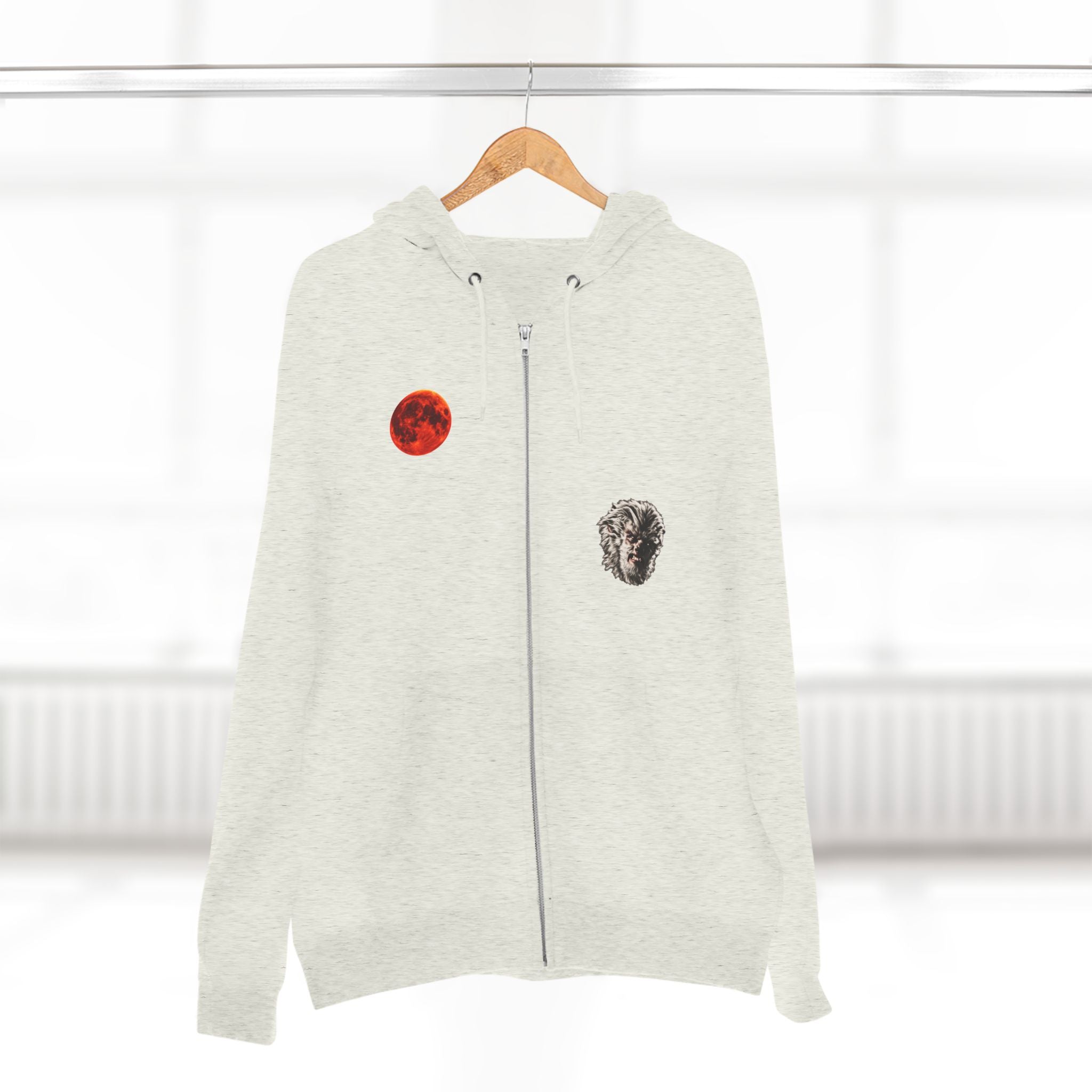 Halloween - Midnight Moon and Werewolf - Zip Hoodie — Retro Red Moon & Wolf Graphic Zip-Up
