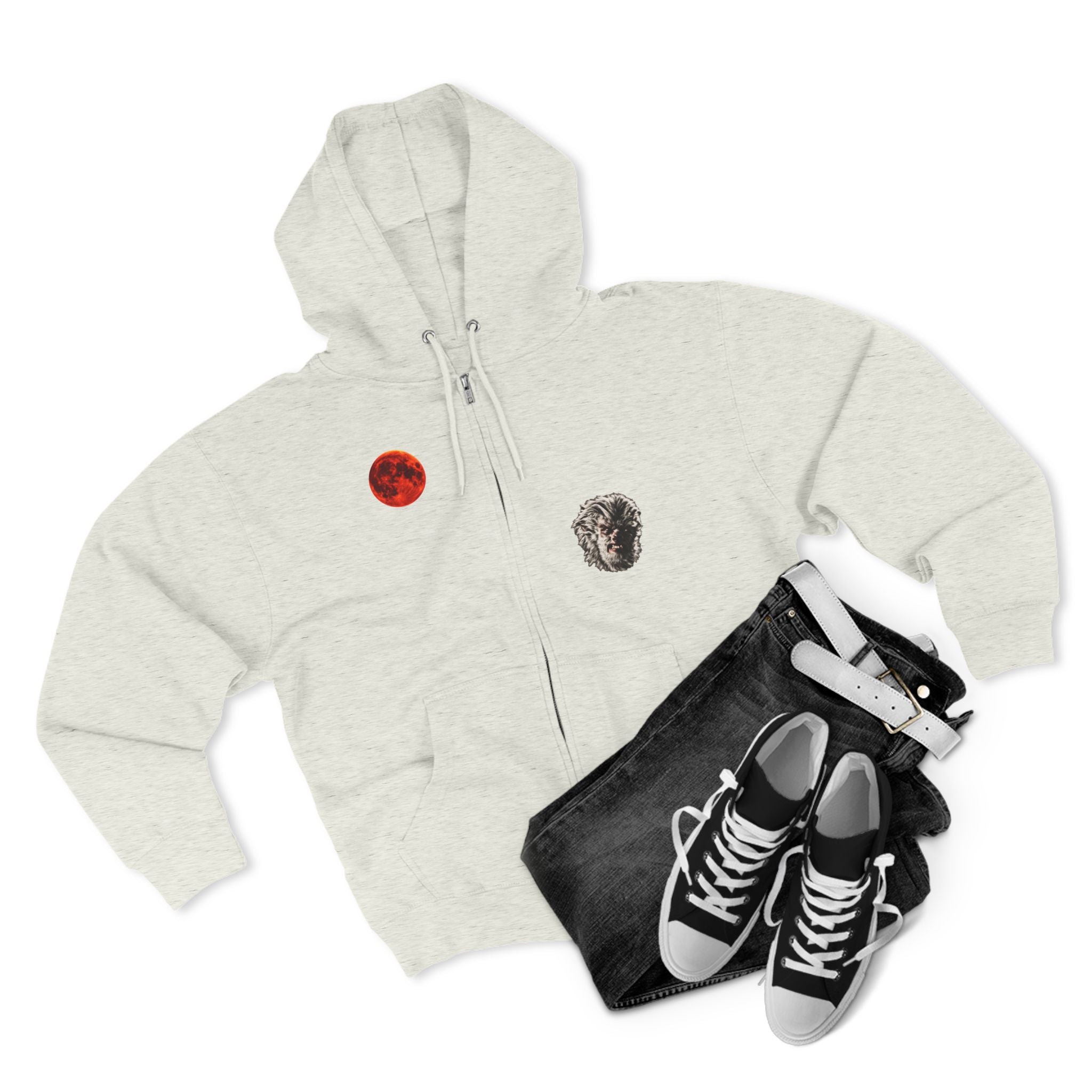 Halloween - Midnight Moon and Werewolf - Zip Hoodie — Retro Red Moon & Wolf Graphic Zip-Up