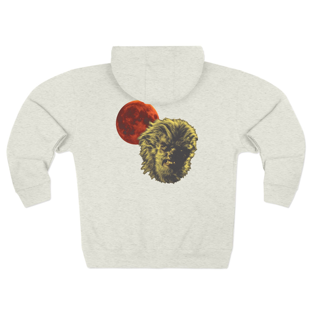 Halloween - Midnight Moon and Werewolf - Zip Hoodie — Retro Red Moon & Wolf Graphic Zip-Up