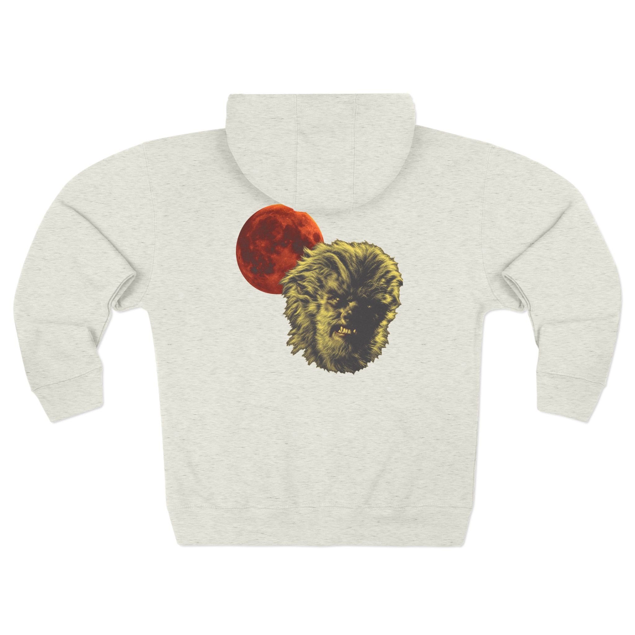 Halloween - Midnight Moon and Werewolf - Zip Hoodie — Retro Red Moon & Wolf Graphic Zip-Up