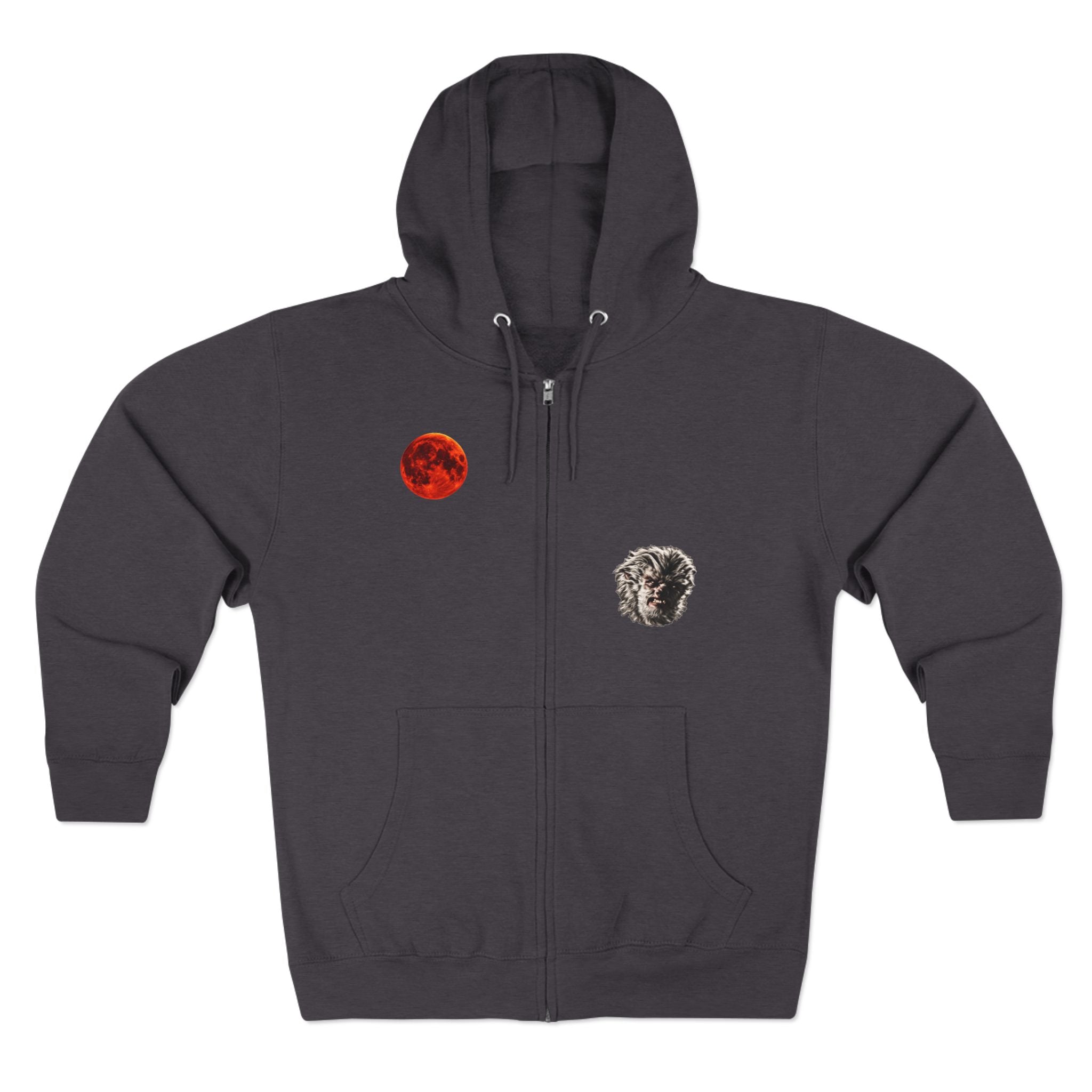 Halloween - Midnight Moon and Werewolf - Zip Hoodie — Retro Red Moon & Wolf Graphic Zip-Up