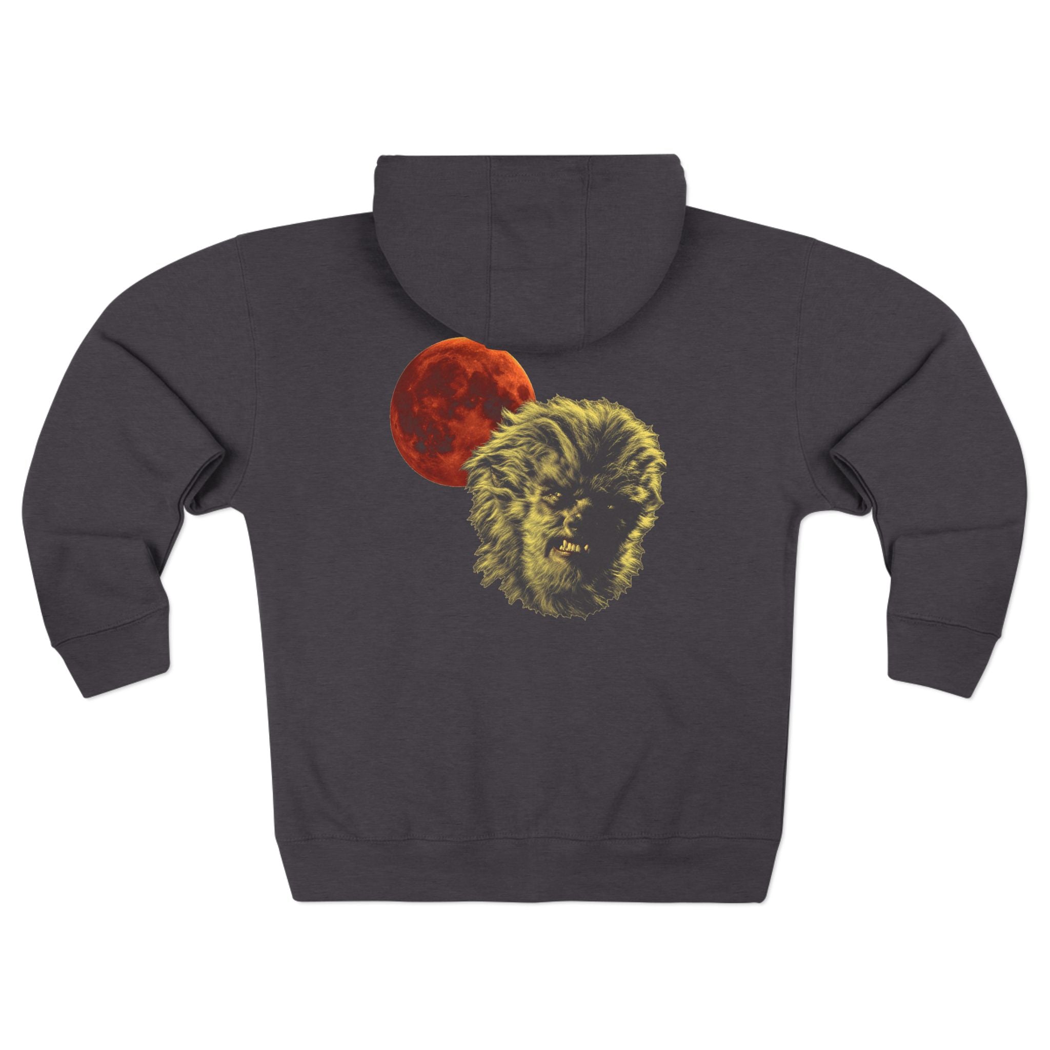 Halloween - Midnight Moon and Werewolf - Zip Hoodie — Retro Red Moon & Wolf Graphic Zip-Up