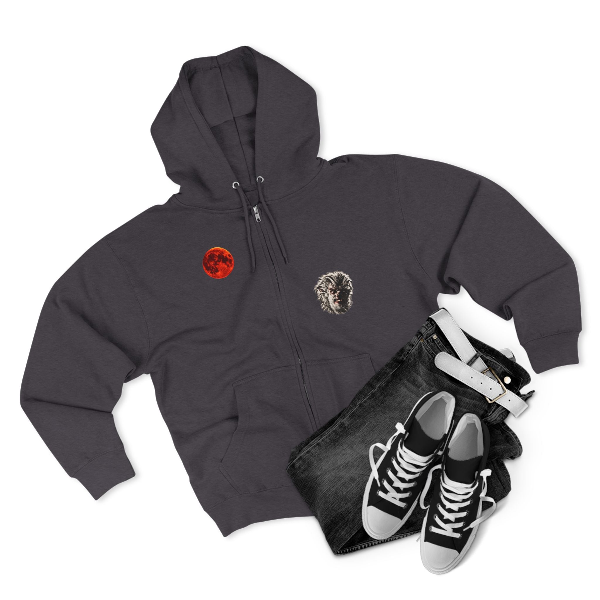 Halloween - Midnight Moon and Werewolf - Zip Hoodie — Retro Red Moon & Wolf Graphic Zip-Up