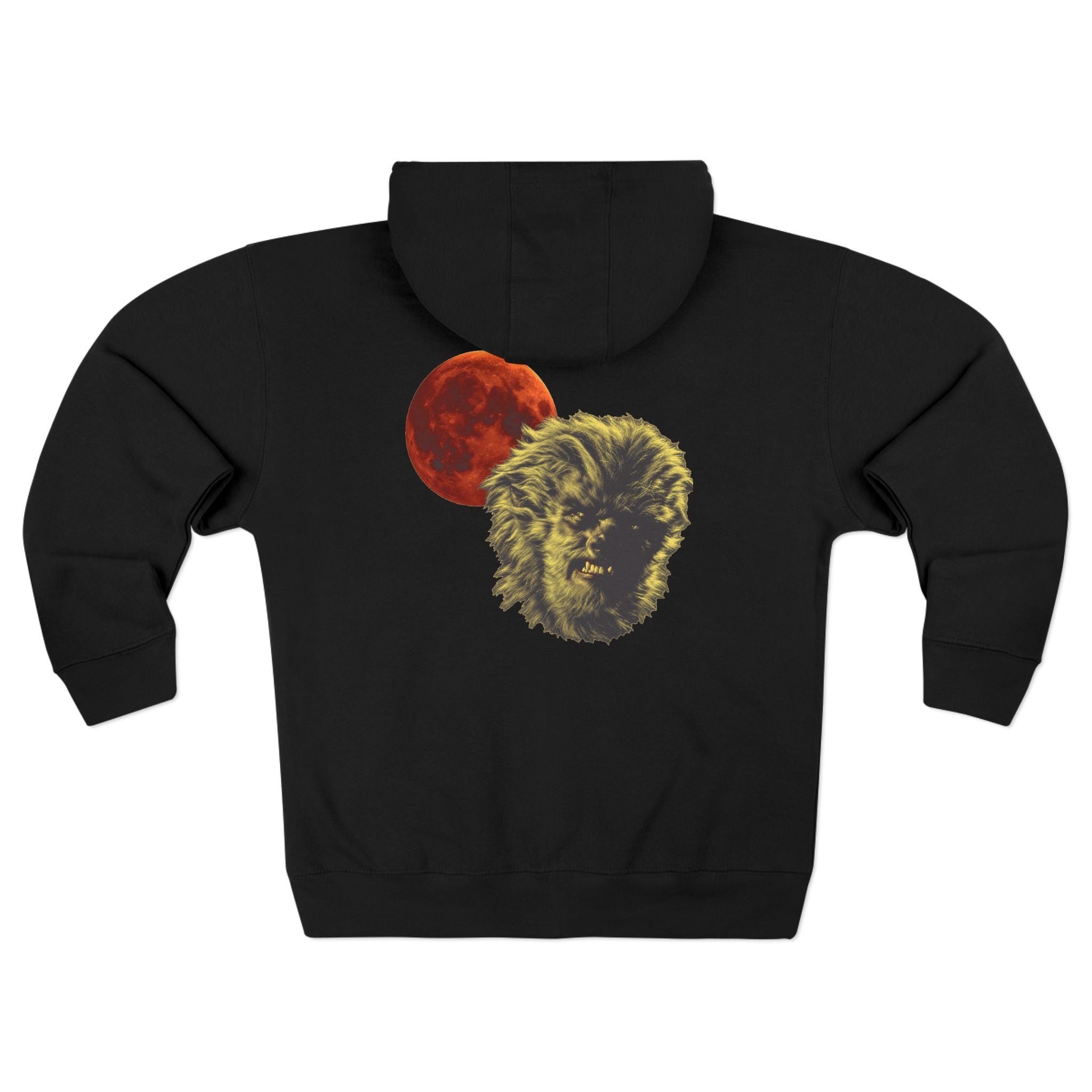 Halloween - Midnight Moon and Werewolf - Zip Hoodie — Retro Red Moon & Wolf Graphic Zip-Up