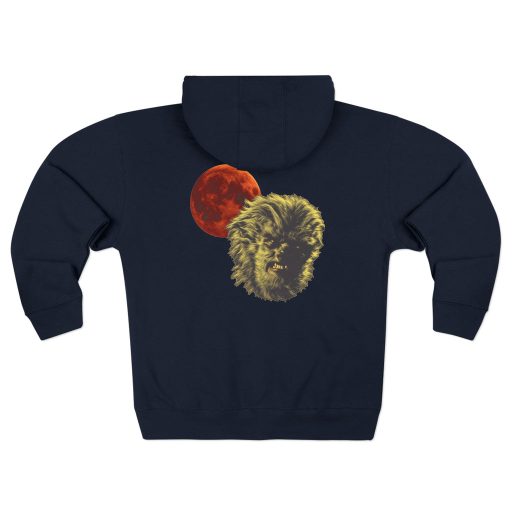 Halloween - Midnight Moon and Werewolf - Zip Hoodie — Retro Red Moon & Wolf Graphic Zip-Up